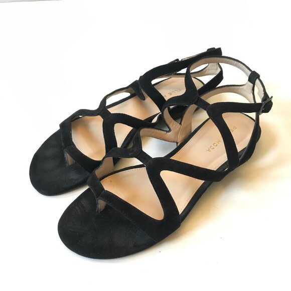 Pelle Moda Baron Sandals Womens 7 Black Suede Buckle Open Toe Flats Criss Cross - Picture 6 of 9